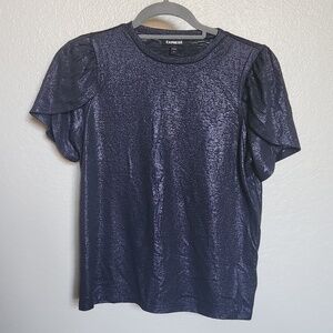 Express - METALLIC SKIMMING TULIP TEE - Navy Blue - XS